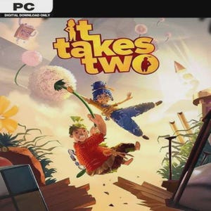 Può includere: Una copertina di videogioco per PC intitolata It Takes Two, che mostra un personaggio con una camicia rossa e uno con una salopette blu che si tengono a un grande fiore di tarassaco, fluttuando sopra assi di legno su uno sfondo chiaro.