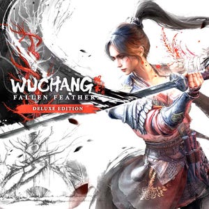 Op de afbeelding: Een promotionele afbeelding voor Wuchang: Fallen Feathers Deluxe Edition met een krijger met een hoge paardenstaart die een zwaard vasthoudt. Het kunstwerk gebruikt zwart-witte inktstijl elementen met rode accenten, waaronder een boom en vallende blaadjes.