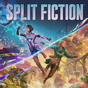 May include: A digital illustration titled SPLIT FICTION featuring two characters divided by a diagonal light beam. On the left, a figure in a dark, glowing pink-lined suit against a futuristic city. On the right, a figure in green fantasy attire.