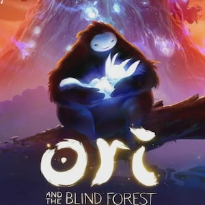 Könnte beinhalten: Eine digitale Illustration mit einer großen, dunklen, pelzigen Kreatur, die einen kleinen, leuchtenden weißen Geist hält. Der Text lautet Ori AND THE BLIND FOREST DEFINITIVE EDITION. Der Hintergrund zeigt einen farbenfrohen Wald mit leuchtenden Partikeln.