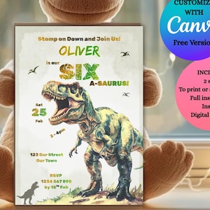 May include: A dinosaur-themed birthday invitation featuring a Tyrannosaurus Rex illustration. The invitation includes the name "Oliver" and the age "Six", with event details. The design is set against a light background, with text that reads "Stomp on Down and Join Us!"