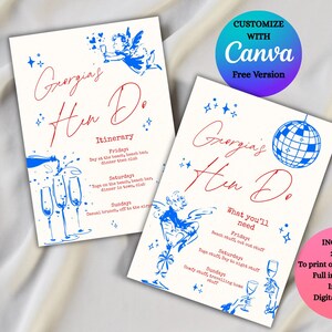 May include: Two invitation templates for a bachelorette party, with the text "Georgia's Hen Do" in red script. The designs feature blue illustrations of champagne glasses, cherubs, and a disco ball. The templates include itinerary and what you'll need lists.