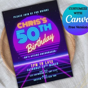 May include: A retro-themed birthday invitation with a vibrant design. The invitation features the text "Chris's 50th Birthday" in neon colors against a purple and black background. It includes event details and the phrase "80's attire encouraged."