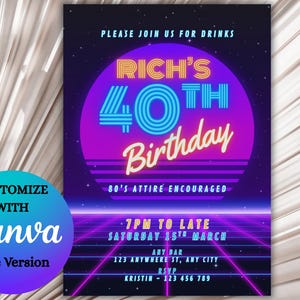May include: A retro-themed invitation for Rich's 40th birthday party. The design features a vibrant purple and blue color scheme with the text "Rich's 40th Birthday" in a neon style. The invitation includes event details and encourages 80's attire.