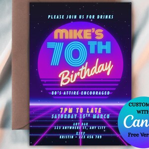 May include: A retro-themed birthday invitation with a vibrant purple and blue color scheme. The invitation features the text "Mike's 70th Birthday" in a neon-style font, with event details and the phrase "80's attire encouraged."