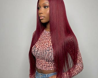 Red Human Hair Wig | Burgundy Straight Lace Frontal Natural Look Brazilian Hair Wigs