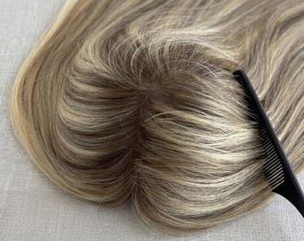 Virgin Human Hair Topper: 8x8 Silk Base, Icy Blonde Brown, Free Part Scalp Piece