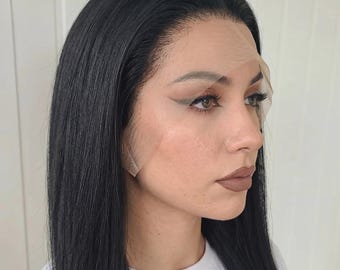 Peluca 100% de cabello humano brasileño, 66 cm de largo, liso, negro, con frontal de encaje sin pegamento y pre-depilado.