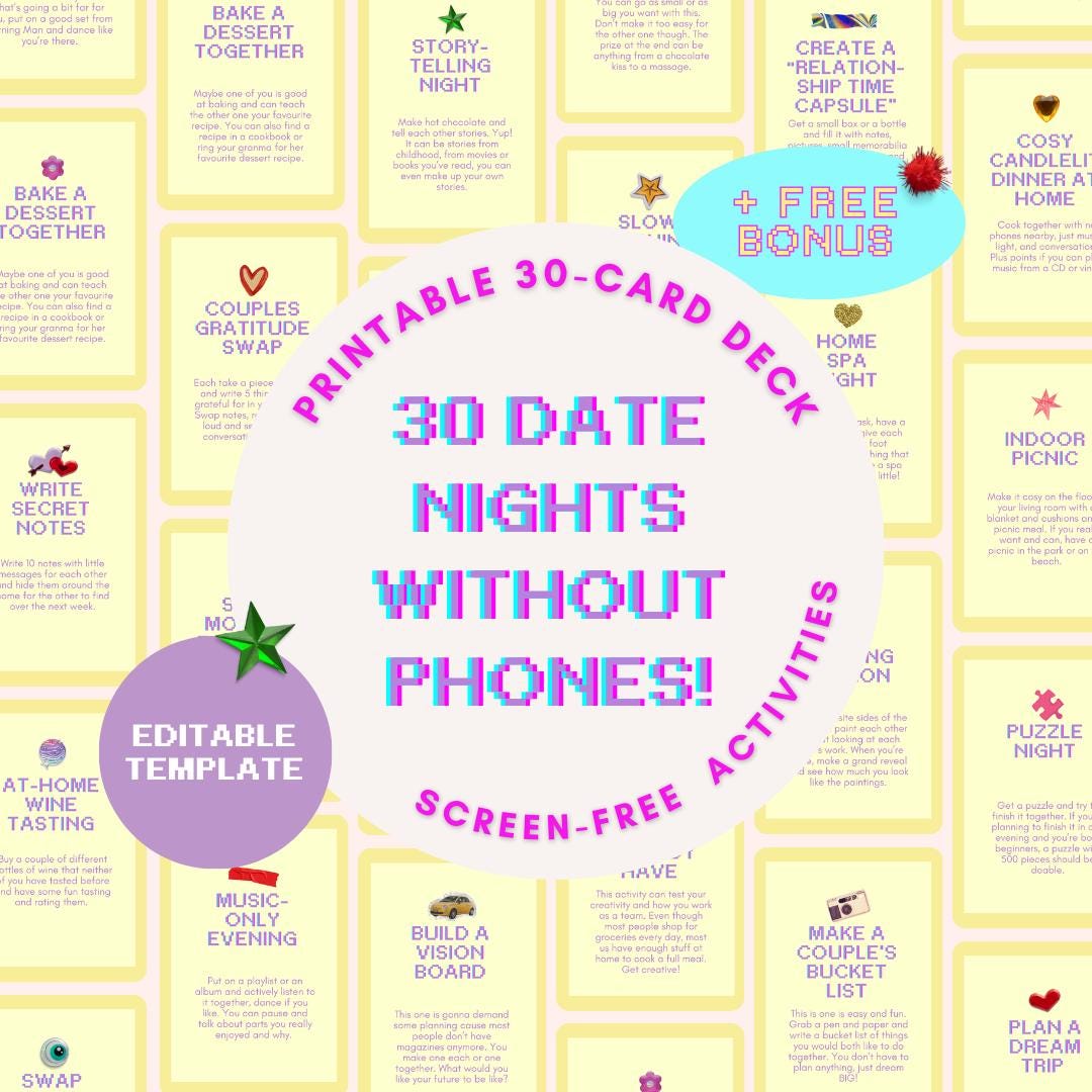 30 Couple's Screen-free Date Ideas Cards | Printable Deck | Date Jar ...