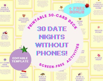 30 Couple's Screen-Free Date Ideas Cards | Printable Deck | Date Jar Cards | Editable Canva Template | Instant Download
