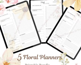 Daily Planner Bundle Printable | 5 Soft Floral & Minimal Daily Planners | Intentional Planning PDF Set