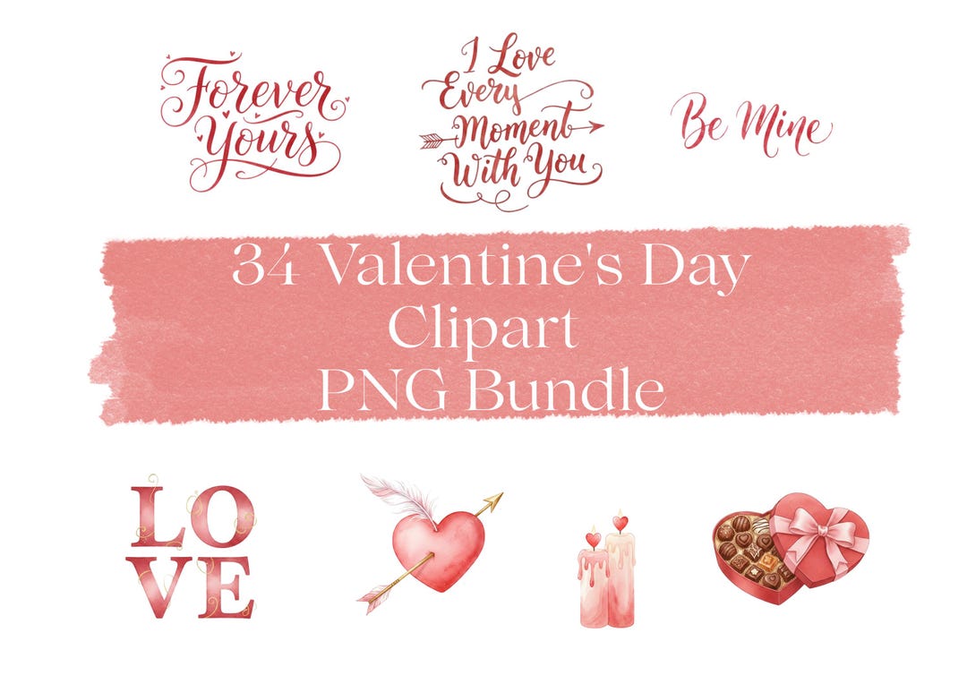 34 Valentine's Day Clipart PNG Bundle | Watercolor Hearts Balloons Bow ...