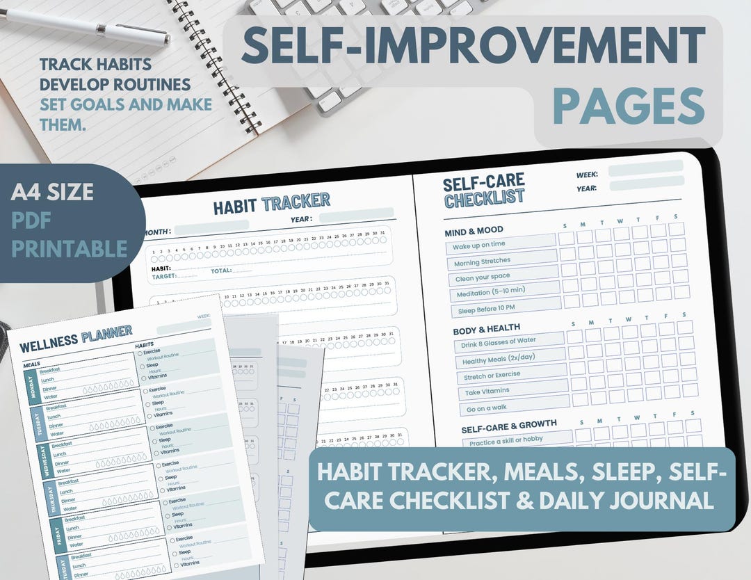 Self-improvement & Wellness Printable Bundle — Habit Tracker, Meals, Sleep, Self-care Checklist ...