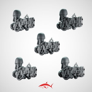 May include: Five gray, miniature, futuristic weapon models. Each model features a helmet-like top, a complex array of mechanical components, and two gun barrels. The models are arranged against a white background.