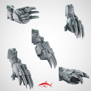 May include: Five grey, mechanical claw hands are shown from various perspectives. Each hand has articulated fingers with sharp, blade-like claws. The hands are detailed with rivets and mechanical components, suggesting a robotic or futuristic design.