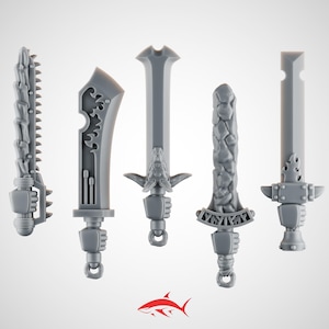 May include: Five gray miniature swords with unique designs. One has a saw-like edge, another features an ornate cutout, and a third has a dragon-like hilt. The other two have textured handles and decorative elements.