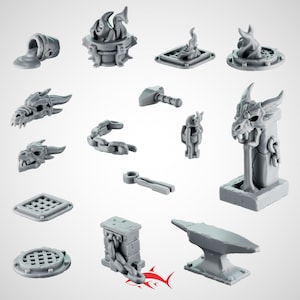 May include: A selection of grey miniature fantasy objects. Includes a cauldron with flames, dragon skulls, a hammer, a chain, a statue, a forge, and an anvil. The objects are designed for tabletop gaming or crafting.