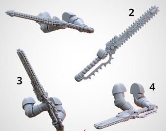 May include: A set of four grey resin miniature components featuring a chainsword held by a robotic arm, numbered one through four. The sword blade displays intricate scrollwork patterns, a winged guard, and a spiked hilt, presented from various angles.