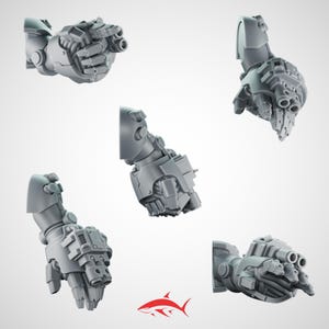 Pode incluir: Cinco modelos de braços robóticos cinzentos com designs mecânicos detalhados. Os braços estão em várias posições, mostrando a construção intrincada e o potencial de personalização. Um logotipo de tubarão vermelho está no centro inferior.