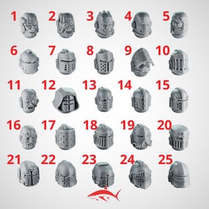 Può includere: Una collezione di 25 teste di elmetto in miniatura grigie, ciascuna con design e caratteristiche uniche. Gli elmetti variano nello stile, inclusi visiere, piastre frontali ed elementi decorativi. L'immagine è numerata da 1 a 25.