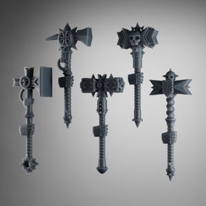 SET3 - Martelos de Poder Cruzado – Armas de Combate Corpo a Corpo Góticas para Cavaleiros da Cruzada Negra – Peças para Montagem de Miniaturas de 32mm (x5)