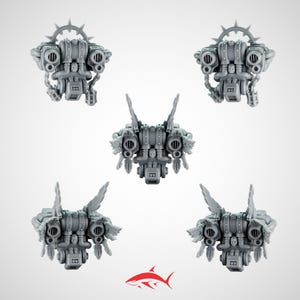 May include: Five gray miniature mechanical components with intricate details, including tubes, vents, and decorative elements. Some pieces feature wing-like structures and circular designs. The components are arranged on a white background.