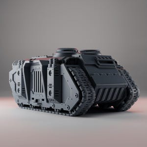 Könnte beinhalten: Ein dunkelgraues, futuristisches Panzermodell mit Kettenfahrwerk und mehreren Türmen. Der Panzer verfügt über detaillierte Verkleidungen, Nieten und ein zentrales Fach mit vertikalen Stäben. Das Design deutet auf ein Science-Fiction- oder Militärthema hin.