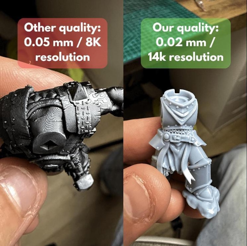 two different resolution levels of a 3D model, with one model appearing in a higher resolution and the other in a lower resolution. The text above the images indicates the quality of the resolution, with one image labeled "Other quality: 0.05 mm / 8K resolution" and the other labeled "Our quality: 0.02 mm / 14K resolution".