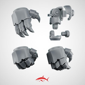 May include: Grey plastic mechanical arm components, including articulated hands with claw-like fingers and various joint pieces. The parts are arranged against a white background, suggesting a model kit or replacement parts.