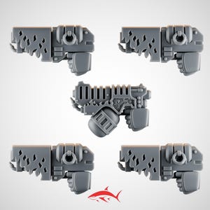 May include: Five gray plastic miniature toy guns. The guns have a detailed design with a handle, trigger, and barrel. The barrels have a flame-like design. The image includes a red shark logo.