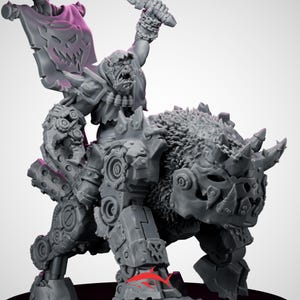 May include: A gray miniature figure of an orc riding a mechanical beast. The orc holds a weapon and a banner with a skull design. The beast has mechanical and organic elements, with horns and fur.