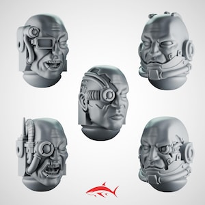 May include: Five grey, futuristic head models. Each head features cybernetic enhancements, including visors, mechanical implants, and facial modifications. The heads display various expressions, from stoic to aggressive. A red shark logo is at the bottom.