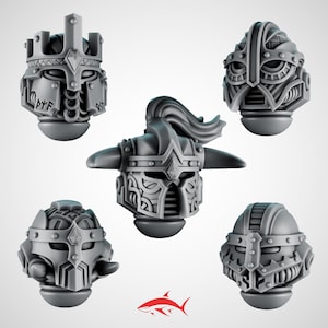 May include: Five grey miniature Viking helmets with detailed designs. Each helmet has unique features, including horns, crowns, and intricate carvings. The helmets are shown against a white background, highlighting their three-dimensional forms.