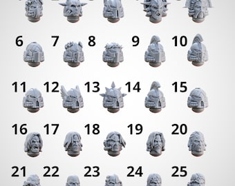 May include: A collection of twenty-five grey miniature resin heads for gaming figures, arranged in a five-by-five grid. Each head is numbered from one to twenty-five, featuring various helmet designs, facial expressions, and hairstyles.