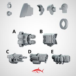 Könnte beinhalten: Eine Sammlung grauer Kunststoff-Miniatur-Waffenkomponenten, darunter verschiedene Gewehrdesigns und andere mechanische Teile. Das Bild zeigt mehrere Teile, beschriftet mit A bis E, und ein rotes Hai-Logo.