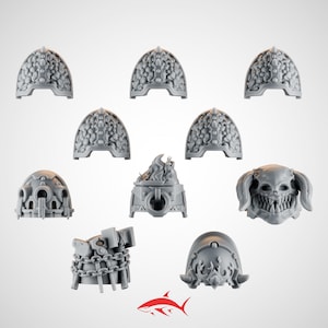 May include: A collection of gray miniature figurines, including helmets, a skull-like face, and a chained object. The figurines have detailed textures and are arranged against a white background. A red shark logo is at the bottom.