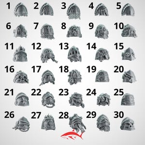 May include: Thirty grey miniature helmets, each with distinct designs and details. The helmets vary in style, some featuring spikes, crosses, or skull motifs. Numbers 1 to 30 are printed above each helmet.