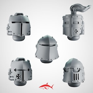 SET 6 - 5 Crusader Helmets – Gothic Heads for Black Faith Warriors – 32mm Kitbash Bits