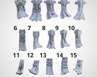 May include: A collection of fifteen grey miniature shoulder pauldrons and tabards, each numbered one through fifteen. These resin-style components feature intricate sculpted details including skulls, chains, crests, and flowing fabric textures.