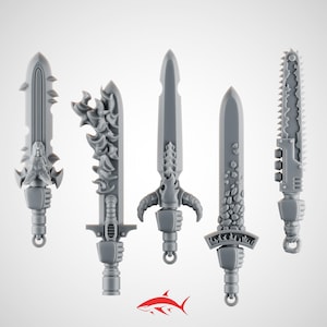May include: Five gray miniature swords with unique designs. The swords feature various blade styles, including a saw-like edge, and decorative handles. A red shark logo is at the bottom.