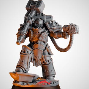 May include: A grey miniature figure of a heavily armoured warrior, wielding a large hammer and a futuristic weapon. The figure stands on a base with an anvil, displaying intricate armour and mechanical details.