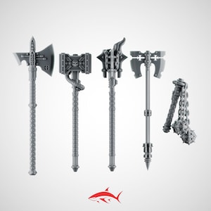 May include: Five grey miniature weapons, including axes, a hammer with a skull, and a flail with spiked balls. The weapons have detailed designs and are set against a white background. A red shark logo is at the bottom.