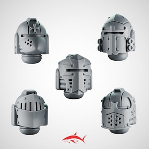 May include: Five gray, plastic knight helmet miniatures. Each helmet features unique designs, including visors, ventilation, and decorative elements. The helmets are likely for tabletop gaming or model building.