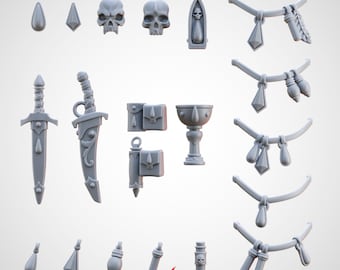 May include: A collection of grey miniature resin accessories including two skulls, two daggers, a chalice, various pouches, and five curved necklace components with hanging charms, pendants, and small vials, all displayed against a plain background.