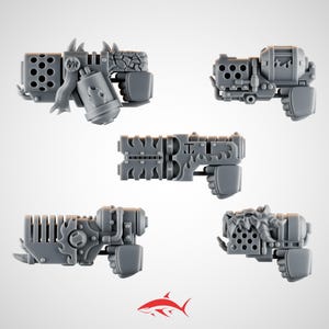 May include: A collection of five gray, miniature toy guns with various designs. Each gun features intricate details, including textured surfaces, spikes, and flame-like patterns. The guns are designed for tabletop gaming or model building.