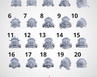 May include: A collection of twenty grey resin miniature shoulder pads, numbered one through twenty, featuring various sculpted details including skulls, faces, crosses, wings, and decorative trim, arranged in a grid with a red shark logo at the bottom.