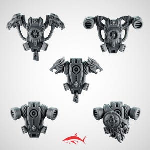 May include: Five gray, detailed miniature back pieces, possibly for a model or game. Each piece has a unique design, including circular elements, vents, and decorative animal heads. The pieces are arranged against a white background.