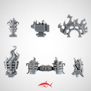 May include: A collection of gray miniature fantasy game accessories, including torches, a flaming anvil, and a spiked arch. The pieces are designed with intricate details and a stylized flame motif, perfect for tabletop gaming enthusiasts.