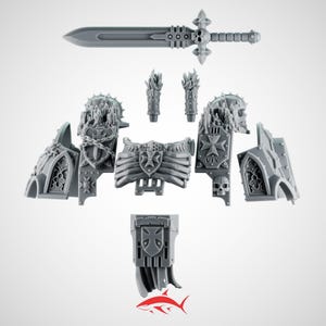 Peut inclure: Ensemble de composants miniatures en plastique gris pour jeu de guerre, comprenant une épée, des pièces d'armure et des éléments décoratifs. Les composants présentent des détails architecturaux gothiques, des crânes et des croix.