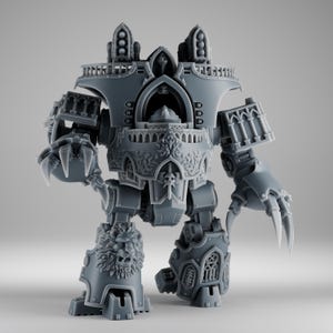 May include: A gray, detailed miniature robot figure with clawed hands and feet. The figure has ornate architectural details, including arched windows and a skull emblem. The robot's design suggests a science fiction or fantasy theme.